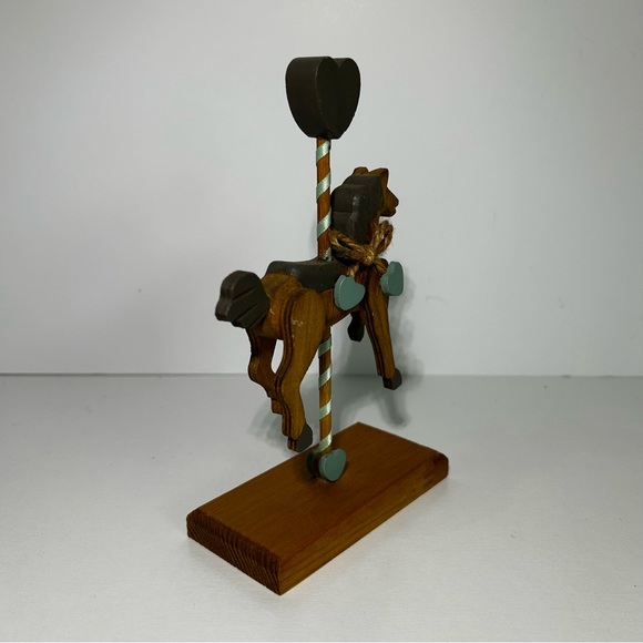 Wooden Carousel Horse 8" Figure Wood Carved Wood Base Bow Heart  Vintage - Picture 2 of 7